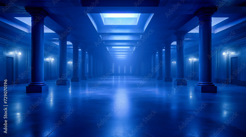 Futuristic Corridor with Blue Lighting, Modern Architecture and Design, Abstract Interior Concept