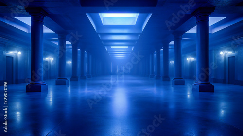 Futuristic Corridor with Blue Lighting  Modern Architecture and Design  Abstract Interior Concept