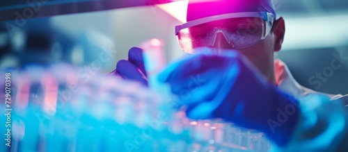 A scientist in a closeup shot doing gel electrophoresis for coronavirus research. photo