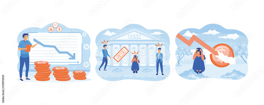 Financial crisis concept. Bank closed. Bankruptcy unpaid loan debt, investment failure. set flat vector modern illustration Financial crisis concept. Bank closed. Bankruptcy unpaid loan debt, investment failure. set flat vector modern illustration
