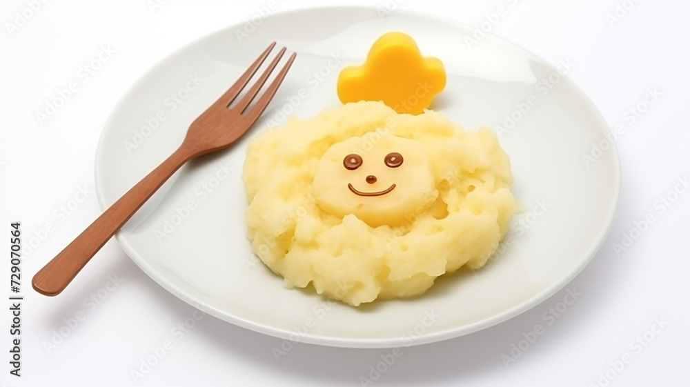 Funny food for kids, cute mashed potatoes on a plate on a white background