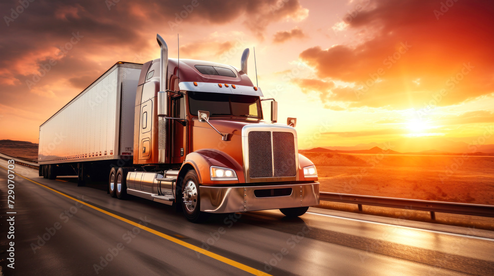 Stunning image of a semi-trailer driving down the highway during sunset. This painting captures the beauty of the golden hour and the feeling of movement on the road. Road transportation concept.