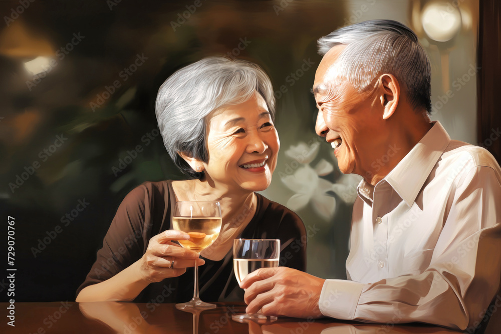 The concept of an active social lifestyle for older people. An elderly couple drinks alcoholic drinks in a bar or restaurant. Lovers enjoying happy hour at the bar. The concept of an active social lifestyle for older people. An elderly couple drinks alcoholic drinks in a bar or restaurant. Lovers enjoying happy hour at the bar.