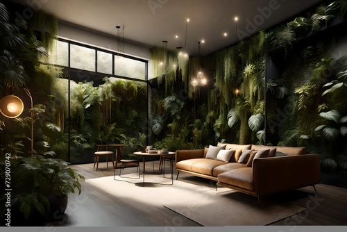 A nature-inspired living space with indoor plants and earthy tones, featuring a wall mockup displaying botanical illustrations, connecting the interior to the outdoors.