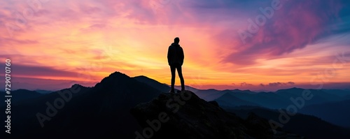 Young man standing on mountain hill at sunset and enjoying beautiful natural view