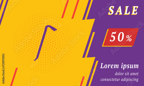 Sale promotion banner with place for your text. On the left is the crowbar symbol. Promotional text with discount percentage on the right side. Vector illustration on yellow background