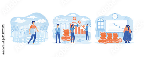 Financial crisis concept. People are hostages of financial instability.  Depression amid losing money. set flat vector modern illustration 