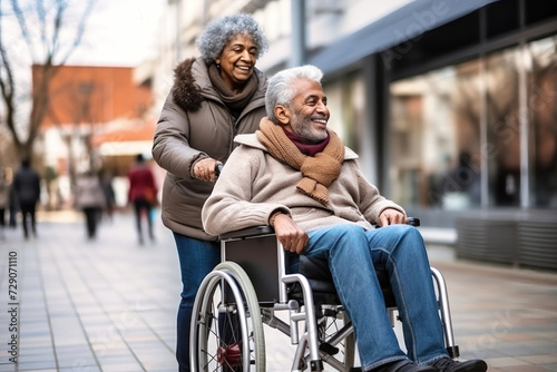 Man in Wheelchair Walking With Woman on Street © Anoo