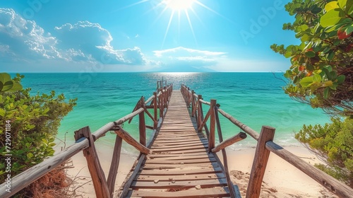 A wooden bridge jutting out into the sea. There is a pristine white sand beach. green sea water There is bright, high quality morning sunlight. © panu101