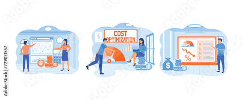 Financial and marketing strategy ideas. balancing costs and income. Financial and marketing strategy ideas. Cost optimization set flat vector modern illustration