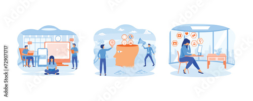 Overcoming overload. Small businessman watching on digital device screen and clock. Digital information overload. set flat vector modern illustration 