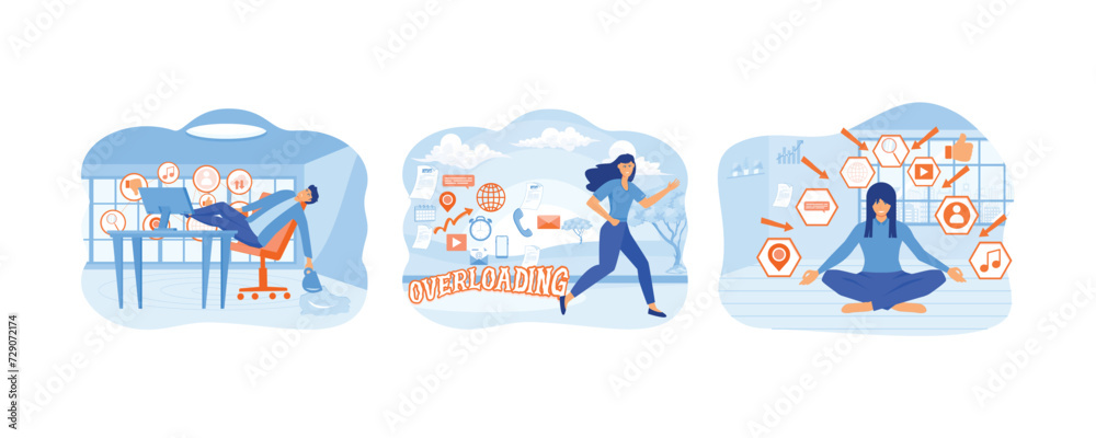 Information overload concept. Young woman running away from information stream.   Dome filter protects the girl from unnecessary information. set flat vector modern illustration 