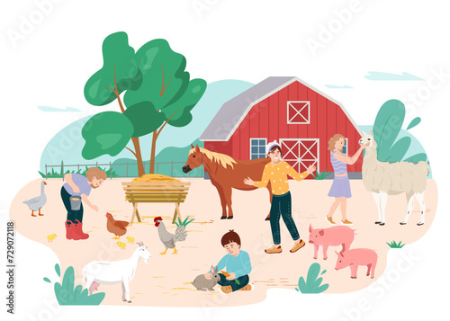 Children visit contact zoo. Girls and boys feeding domestic animals in the farm. Little kids petting llama, rabbits, piglet and feed the poultry. Vector illustration in flat style