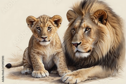 The lion cub sitting with his father lion.