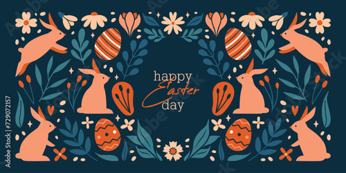 Happy Easter Day. Trendy design with typography, cute illustrations with rabbits, bunnies, plants, eggs, flowers, berries, leaves, stars. Modern minimal style.Horizontal header, greeting card, banner.