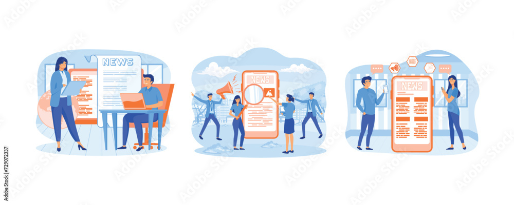  Business young men and women, reading latest or hot news online on smart phone or laptop. Online news mobile app. Online reading news. set flat vector modern illustration 