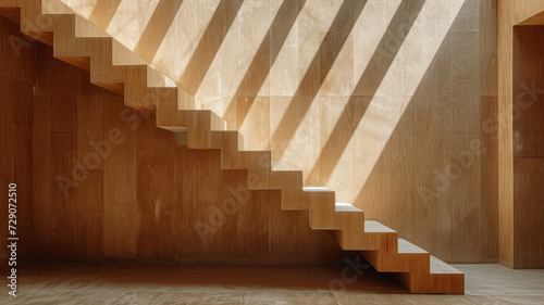 Sunlight streams through a window onto an elegant wooden staircase, creating a warm, geometric interplay of light and shadow