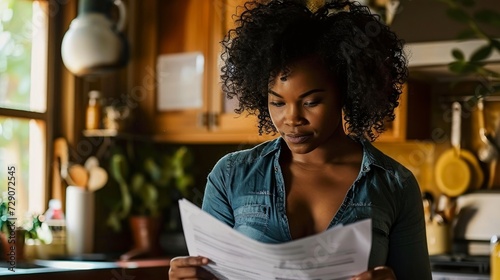 An African American woman reviews bills or paperwork in a modern kitchen, her expression reflecting deep thought and consideration, Generative AI