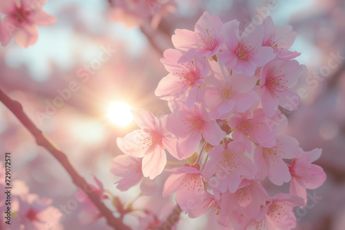 Pink cherry blossom. Sun rays flare through the branches and flower petals of cherry blossom flower in spring. Blooming trees in the park. Springtime and floral concept.