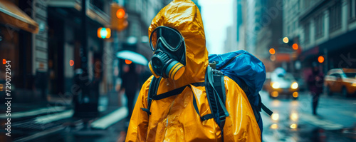 Quarantine, coronavirus infection. A man in protective equipment disinfects with a sprayer in the city. Cleaning and Disinfection at the street. Protective suit and mask. Epidemic. © millenius