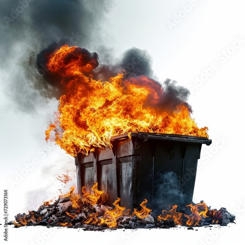 Burning garbage out of control dumpster fire isolated on a white background, Generative AI
