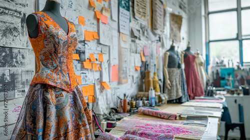 bustling fashion design studio workspace with a mannequin dressed in a vibrant dress, surrounded by fabrics and inspiration boards © Wahyu