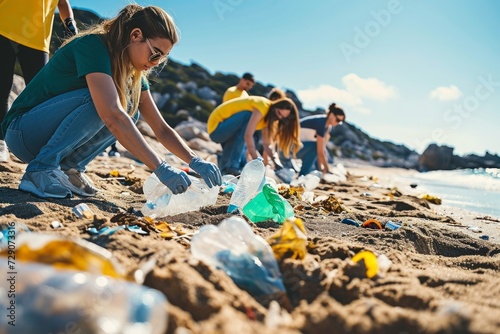 Group of eco volunteers picking up plastic trash on the beach - Activist people collecting garbage protecting the planet - Ocean pollution, environmental conservation and ecology, Generative AI photo