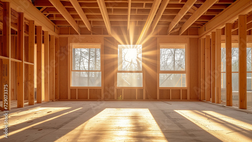 The wooden framework of a new house bathed in sunlight  with rays beaming through the windows of the construction site