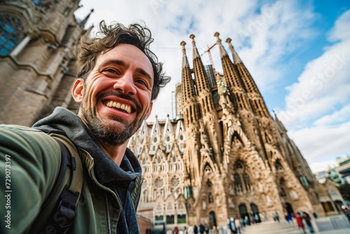 Happy tourist visiting La Sagrada Familia, Barcelona Spain - Smiling man taking a selfie outside on city street - Tourism and vacations concept, Generative AI