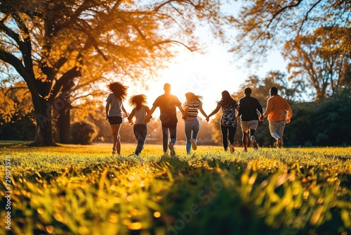 Group of multiracial people holding hands running in the park - Happy friends having fun together outdoor on sunset - People and community concept, Generative AI