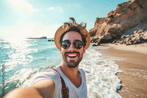 Handsome young man taking selfie at beach summer vacation - Smiling guy having fun walking outside - Summertime holidays and technology concept, Generative AI © Pixel Nirvana