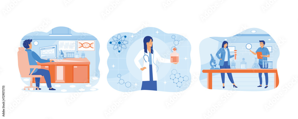 People scientists research in laboratory process. Scientist with flasks, working on antiviral treatment development. Analysis and tests of vaccines. set flat vector modern illustration 