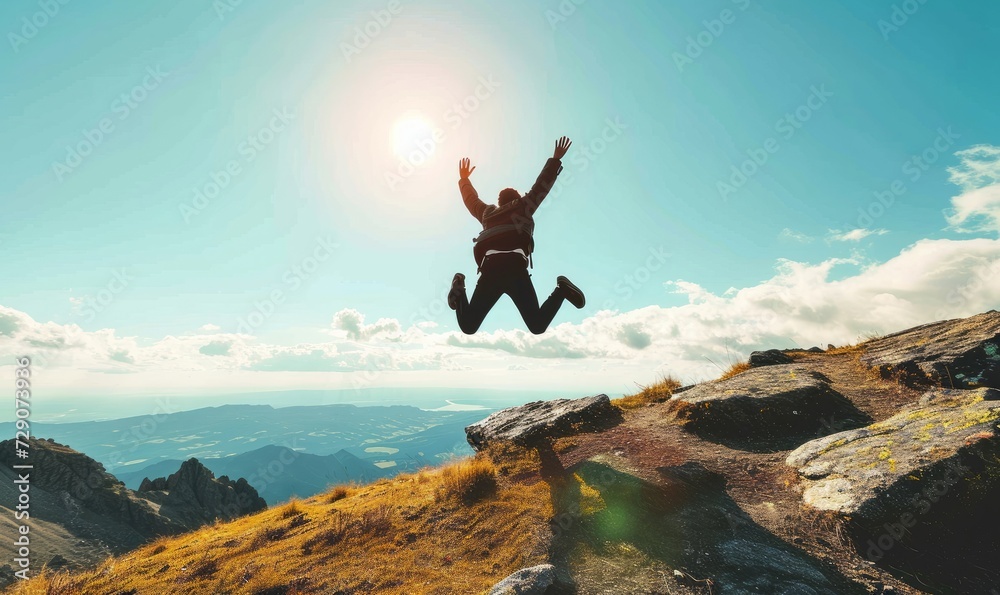Excited young businessman jumping keeping arms raised hiking the mountain peak - Celebrating success, winner and leader concept, Generative AI