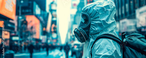 Quarantine, coronavirus infection. A man in protective equipment disinfects with a sprayer in the city. Cleaning and Disinfection at the street. Protective suit and mask. Epidemic.