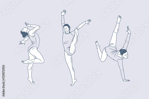 Set of outline illustrations of female gymnastics