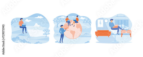 work from anywhere. Business people sitting around world map on globe working with online computer. Businessman relax working remotely with computer laptop in cocktail glass at night. set flat vector 