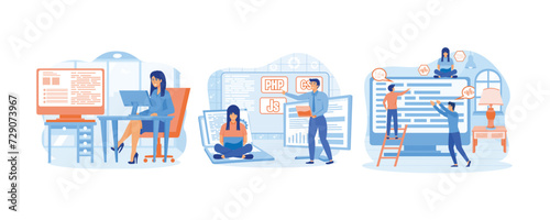 Young beautiful girl programmer behind a laptop and a computer writes a code. Programming courses. Laptop screen with program code. set flat vector modern illustration 