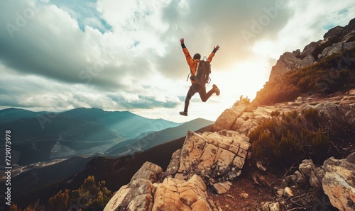 Successful hiker man jumping on the top of the mountain - Successful, business and sport concept, Generative AI