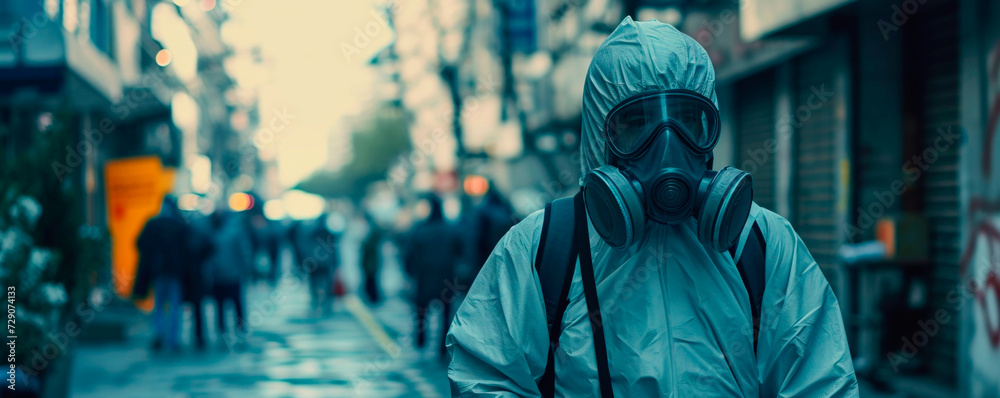 Quarantine, coronavirus infection. A man in protective equipment disinfects with a sprayer in the city. Cleaning and Disinfection at the street. Protective suit and mask. Epidemic. - obrazy, fototapety, plakaty 