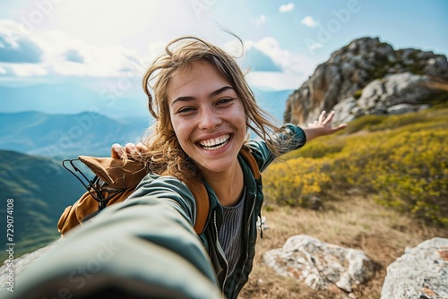 Young woman taking selfie portrait hiking mountains - Happy hiker on the top of the cliff smiling at camera - Travel and hobby concept, Generative AI photo