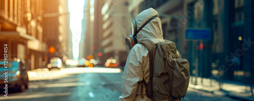 Quarantine  coronavirus infection. A man in protective equipment disinfects with a sprayer in the city. Cleaning and Disinfection at the street. Protective suit and mask. Epidemic.