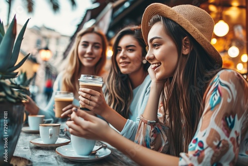 Three young women enjoying breakfast drinking coffee sitting at bar cafeteria - Life style concept with female friends hanging out on city street - Food, beverage and friendship, Generative AI