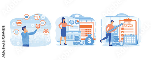 Budget planning. Personal or family budget planning. Tiny person planning budget. set flat vector modern illustration 