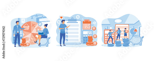 Budget planning. Financial analyst planning at checklist on clipboard. Family budget planning. set flat vector modern illustration 