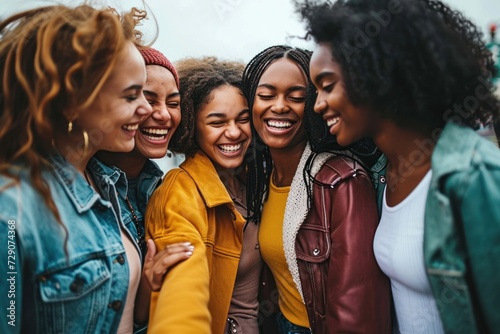 Multi ethnic group of young women hugging outside. Happy girlsfriends having fun laughing out loud on city street. Female community concept with cheerful girls standing together. Women, Generative AI photo