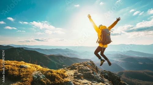 Happy man with open arms jumping on the top of mountain - Hiker with backpack celebrating success outdoor - People, success and sport concept, Generative AI