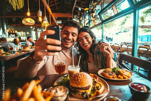Couple taking selfie with smart mobile phone at burger pub restaurant. Young people having lunch break at cafe bar venue. Life style concept with guy and girl hanging out on weekend, Generative AI photo