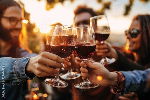 Young people toasting red wine glasses at farm house vineyard countryside - Happy friends enjoying happy hour at winery bar restaurant, Generative AI photo