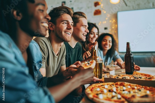 Group of friends watching tv and eating pizza. cheerful young people having weekend home party together - Happy students having fun in university rooms - Youth lifestyle and food  Generative AI