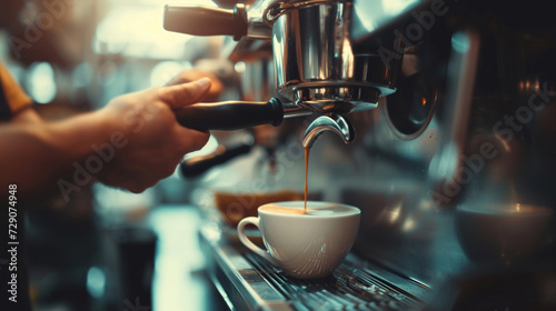 Barista Crafting Espresso in Coffee Machine at Cafe